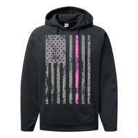 Retro Pink Thin Line Breast Cancer Awareness USA Flag Performance Fleece Hoodie