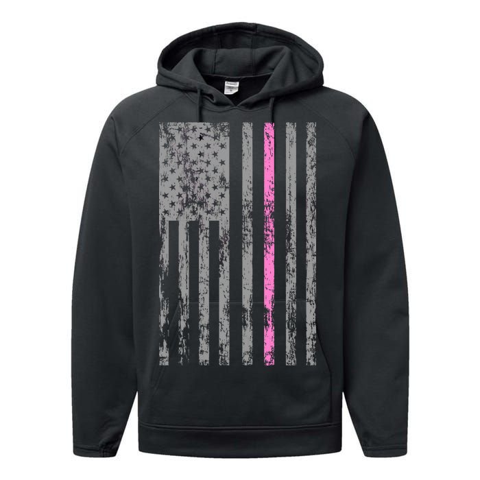 Retro Pink Thin Line Breast Cancer Awareness USA Flag Performance Fleece Hoodie