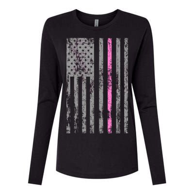 Retro Pink Thin Line Breast Cancer Awareness USA Flag Womens Cotton Relaxed Long Sleeve T-Shirt