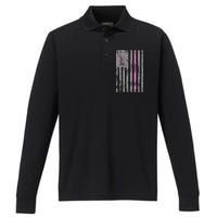 Retro Pink Thin Line Breast Cancer Awareness USA Flag Performance Long Sleeve Polo