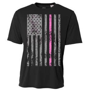 Retro Pink Thin Line Breast Cancer Awareness USA Flag Cooling Performance Crew T-Shirt