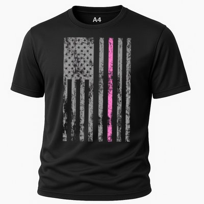 Retro Pink Thin Line Breast Cancer Awareness USA Flag Cooling Performance Crew T-Shirt