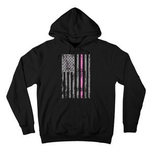 Retro Pink Thin Line Breast Cancer Awareness USA Flag Hoodie