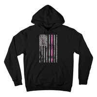 Retro Pink Thin Line Breast Cancer Awareness USA Flag Hoodie