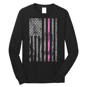 Retro Pink Thin Line Breast Cancer Awareness USA Flag Long Sleeve Shirt