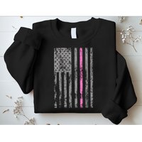 Retro Pink Thin Line Breast Cancer Awareness USA Flag Sweatshirt