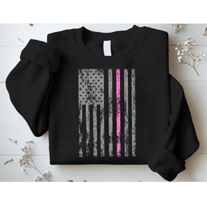 Retro Pink Thin Line Breast Cancer Awareness USA Flag Sweatshirt