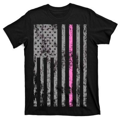 Retro Pink Thin Line Breast Cancer Awareness USA Flag T-Shirt