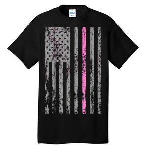 Retro Pink Thin Line Breast Cancer Awareness USA Flag Tall T-Shirt