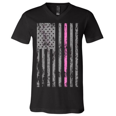 Retro Pink Thin Line Breast Cancer Awareness USA Flag V-Neck T-Shirt