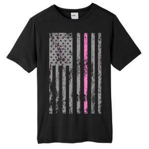 Retro Pink Thin Line Breast Cancer Awareness USA Flag Tall Fusion ChromaSoft Performance T-Shirt