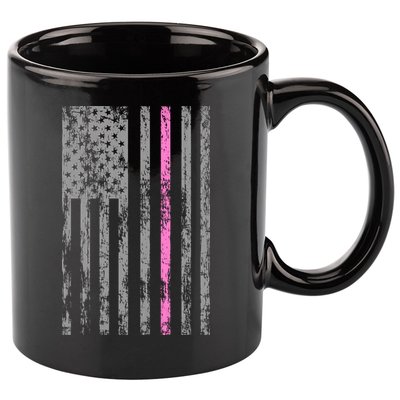 Retro Pink Thin Line Breast Cancer Awareness USA Flag 11oz C Handle Ceramic Mug