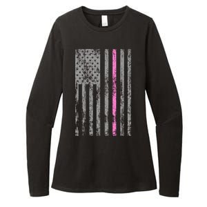 Retro Pink Thin Line Breast Cancer Awareness USA Flag Womens CVC Long Sleeve Shirt