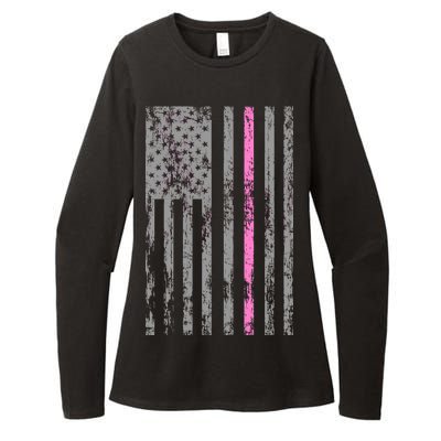 Retro Pink Thin Line Breast Cancer Awareness USA Flag Womens CVC Long Sleeve Shirt