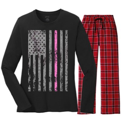 Retro Pink Thin Line Breast Cancer Awareness USA Flag Women's Long Sleeve Flannel Pajama Set 