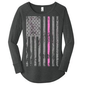 Retro Pink Thin Line Breast Cancer Awareness USA Flag Women's Perfect Tri Tunic Long Sleeve Shirt