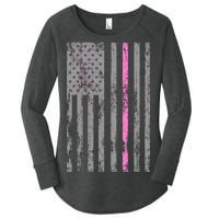 Retro Pink Thin Line Breast Cancer Awareness USA Flag Women's Perfect Tri Tunic Long Sleeve Shirt