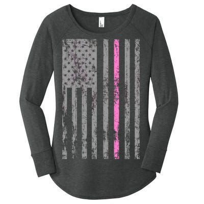 Retro Pink Thin Line Breast Cancer Awareness USA Flag Women's Perfect Tri Tunic Long Sleeve Shirt