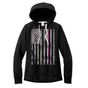 Retro Pink Thin Line Breast Cancer Awareness USA Flag Women's Fleece Hoodie