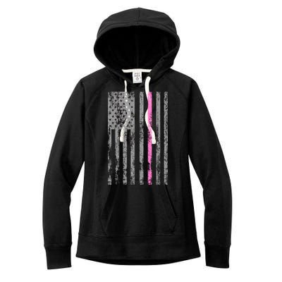 Retro Pink Thin Line Breast Cancer Awareness USA Flag Women's Fleece Hoodie