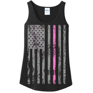 Retro Pink Thin Line Breast Cancer Awareness USA Flag Ladies Essential Tank