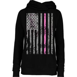 Retro Pink Thin Line Breast Cancer Awareness USA Flag Womens Funnel Neck Pullover Hood