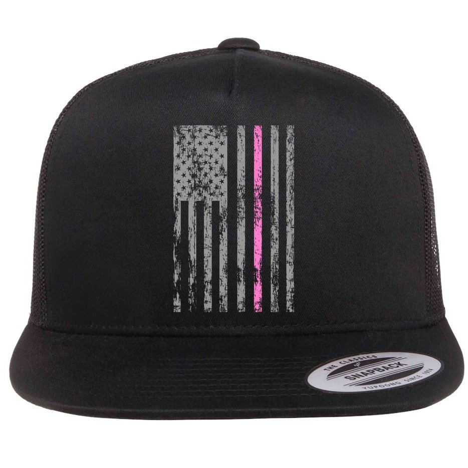 Retro Pink Thin Line Breast Cancer Awareness USA Flag Flat Bill Trucker Hat