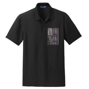 Retro Pink Thin Line Breast Cancer Awareness USA Flag Dry Zone Grid Polo