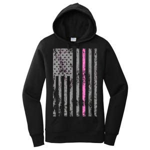 Retro Pink Thin Line Breast Cancer Awareness USA Flag Women's Pullover Hoodie