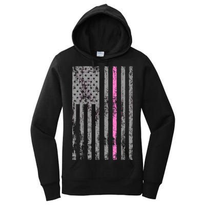 Retro Pink Thin Line Breast Cancer Awareness USA Flag Women's Pullover Hoodie