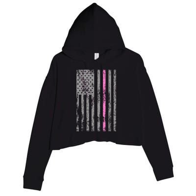 Retro Pink Thin Line Breast Cancer Awareness USA Flag Crop Fleece Hoodie