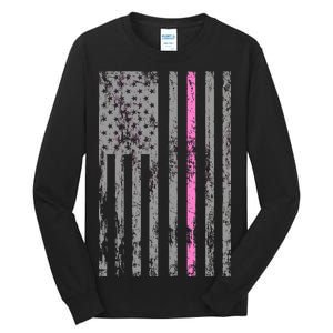 Retro Pink Thin Line Breast Cancer Awareness USA Flag Tall Long Sleeve T-Shirt