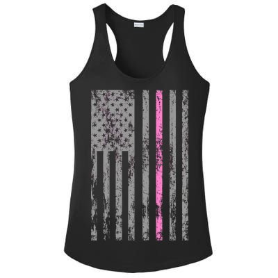 Retro Pink Thin Line Breast Cancer Awareness USA Flag Ladies PosiCharge Competitor Racerback Tank