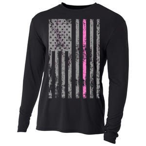 Retro Pink Thin Line Breast Cancer Awareness USA Flag Cooling Performance Long Sleeve Crew