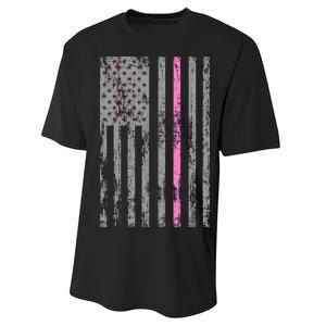 Retro Pink Thin Line Breast Cancer Awareness USA Flag Performance Sprint T-Shirt