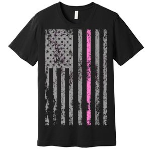 Retro Pink Thin Line Breast Cancer Awareness USA Flag Premium T-Shirt