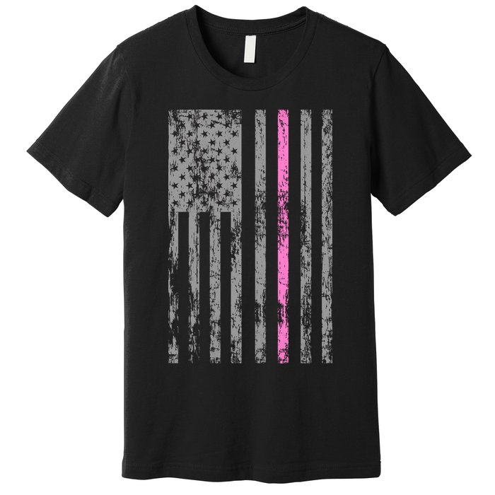 Retro Pink Thin Line Breast Cancer Awareness USA Flag Premium T-Shirt