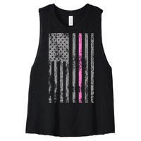 Retro Pink Thin Line Breast Cancer Awareness USA Flag Women's Racerback Cropped Tank