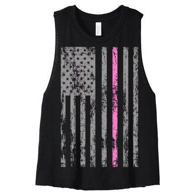 Retro Pink Thin Line Breast Cancer Awareness USA Flag Women's Racerback Cropped Tank