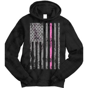 Retro Pink Thin Line Breast Cancer Awareness USA Flag Tie Dye Hoodie