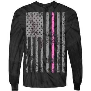 Retro Pink Thin Line Breast Cancer Awareness USA Flag Tie-Dye Long Sleeve Shirt