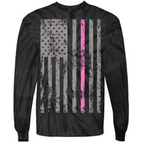 Retro Pink Thin Line Breast Cancer Awareness USA Flag Tie-Dye Long Sleeve Shirt