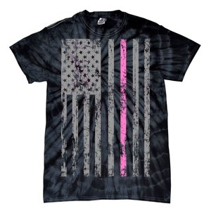 Retro Pink Thin Line Breast Cancer Awareness USA Flag Tie-Dye T-Shirt