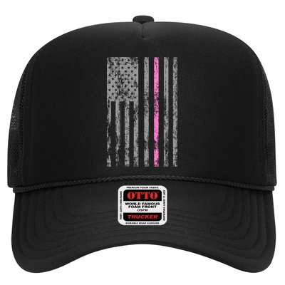 Retro Pink Thin Line Breast Cancer Awareness USA Flag Trucker Hat