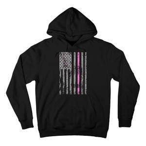 Retro Pink Thin Line Breast Cancer Awareness USA Flag Tall Hoodie