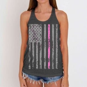 Retro Pink Thin Line Breast Cancer Awareness USA Flag Women's Knotted Racerback Tank