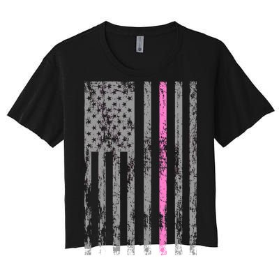 Retro Pink Thin Line Breast Cancer Awareness USA Flag Women's Crop Top Tee