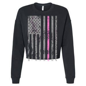 Retro Pink Thin Line Breast Cancer Awareness USA Flag Cropped Pullover Crew