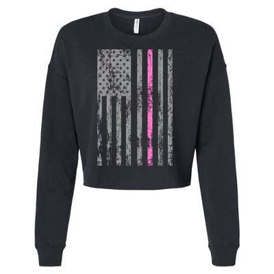 Retro Pink Thin Line Breast Cancer Awareness USA Flag Cropped Pullover Crew