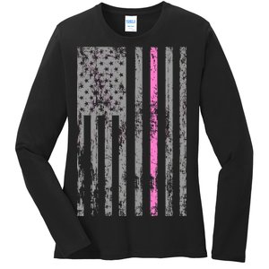 Retro Pink Thin Line Breast Cancer Awareness USA Flag Ladies Long Sleeve Shirt